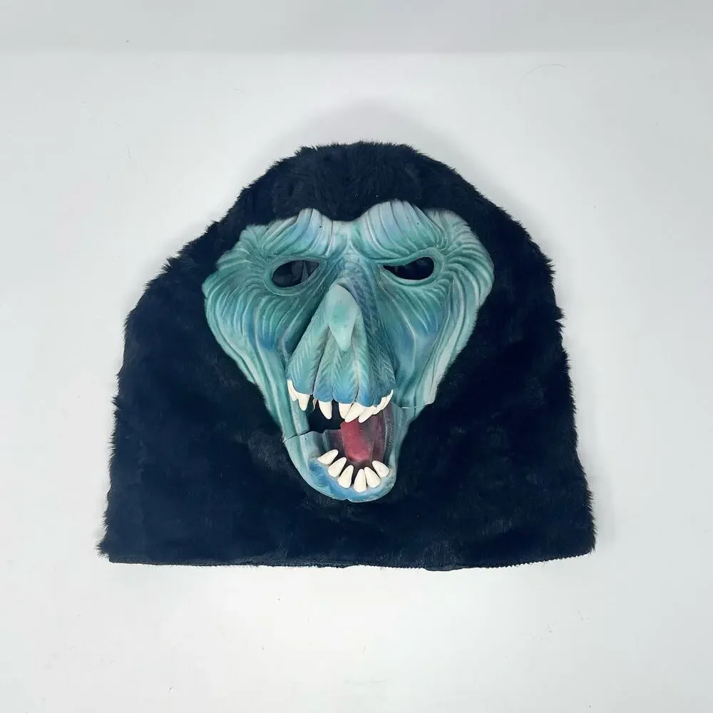 VTG Topstone Halloween Mask Green Face Black Fur Hooded Monster Molded Rubber‎